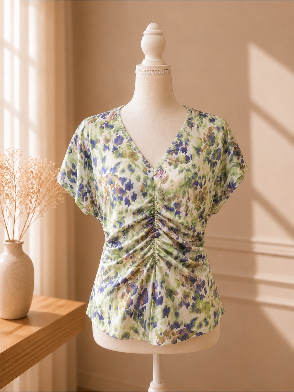 White House Black Market Green & Purple Floral Ruched V-Neck Top